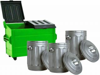 Green Dumpster & 3 Silver Trash Cans For Wwe Wrestling Action Figures