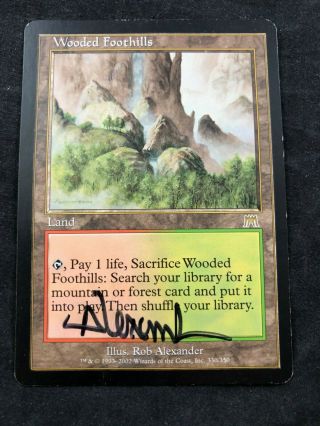 Mtg Magic Wooded Foothills Onslaught Rare Signed By Artist Rob Alexander