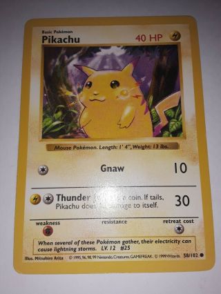 Pokemon Card - Pikachu - (58/102) Shadowless Base Set Nm