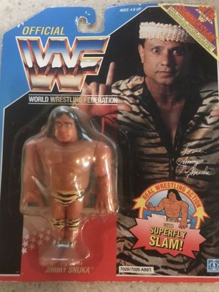 Jimmy Snuka Wwf Hasbro 1990 With Trading Card And Superfly Slam Action Moc