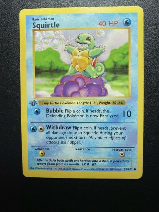 1999 Pokemon Game Base 1st Edition Squirtle Shadowless 63/102