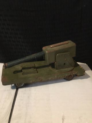 Marx ? Prewar Tin Army Supply Toy Train Anti Aircraft Spring Loaded Gun Friction