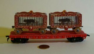 Red Ho Scale Clyde Beatty Circus Flat Car W/ 2 Cages For Model Train Layouts