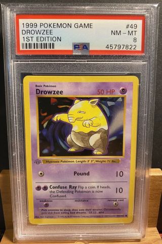 1999 Pokemon 49 Drowzee - 1st Edition Base Set Grey Stamp - Nm - Mt Psa 8