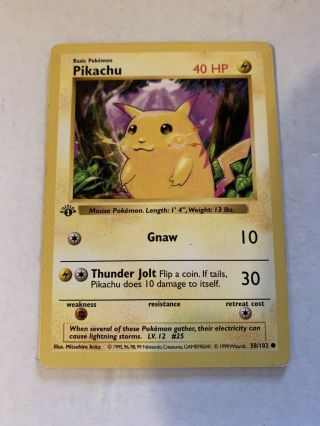 1st Edition Pikachu 58/102 Shadowless Base Set Pokemon Card Yellow Cheeks