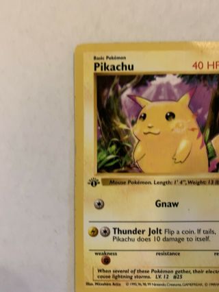1st Edition Pikachu 58/102 Shadowless Base Set Pokemon Card Yellow Cheeks 2