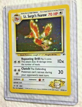 Lt.  Surge’s Fearow - 7/132 Gym Heros Rare W/gift Card And Hard Case
