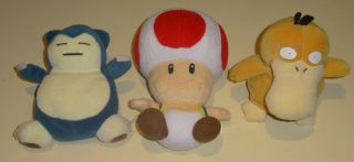 Rare Nintendo Mario Party 5 2003 Sanei Toad Plush,  1998 Pokemon Snorlax,  Psyduck