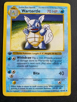 1999 Pokemon 1st Edition Wartortle Shadowless Base Set 42/102,