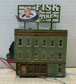 N Scale 3 - Story Fisk Tire Building With Interior Light & Lighted Side Sign