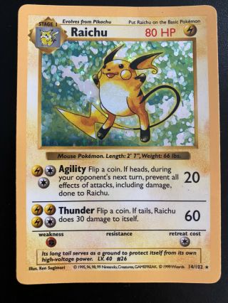 1999 Raichu Shadowless Holo Rare Base Set Pokemon Card 14/102