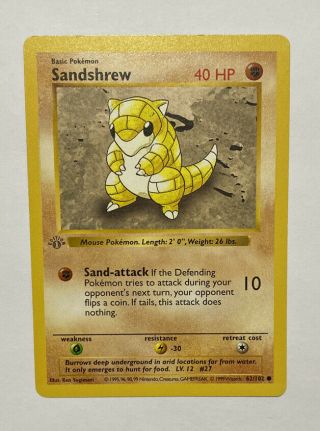Pokemon Nm Near Sandshrew 1st Edition Shadowless Base Set Grey Stamp 62/102