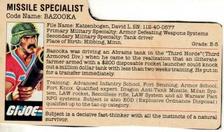 G.  I.  Joe Filecard Bazooka V1 Series Four Vintage 1985 Missile Specialist