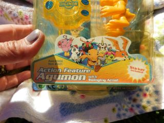 Vtg Bandai Digimon Arm swinging Agumon Action Figure & stickers RARE Fun Toy 3