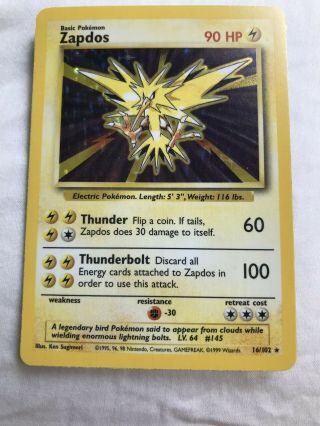 1995 Pokemon Zapdos 90 Hp Card 16/102