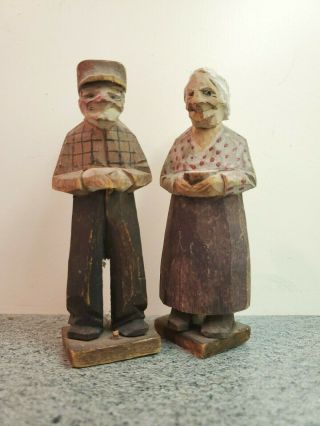 Vintage Hand Carved Wood Old Man And Woman Couple Figures