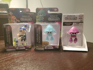 World Of Nintendo 2.  5 Inch Turquoise Squid,  Blue Inkling Boy,  And Purple Squid