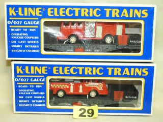 Set Of Two K - Line O/o27 K - 6621 Flat Cars With Two Die - Cast Fire Trucks