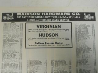 1965 Madison Hardware Price Sheet - Lionel & HO Trains 3