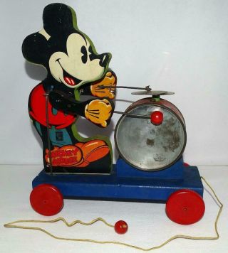 Rare Ex.  To N.  M.  Disney 1937 " Mickey Mouse Drummer " Pull Toy 795 By Fisher - Price