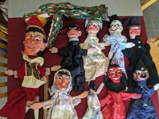 10 Vintage Wooden Punch And Judy Puppet Set,  Wood Construction.