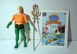 Vintage 1984 Dc Comics Powers Aquaman 4½ " Figure,  Trident,  Mini Comic Book