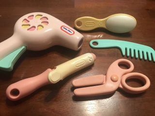 Vintage Little Tikes Salon Hair Dryer,  Curling Iron,  Brush,  Comb,  Scissors