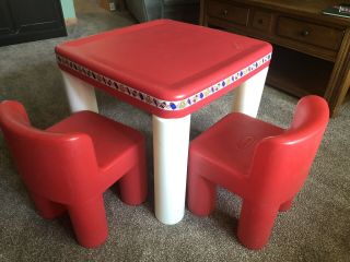 Vintage Little Tikes Red And White Child Size Chunky Table With 2 Chairs