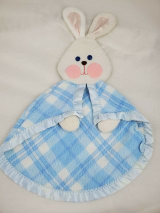 Vtg 1979 Fisher Price Baby Security Blanket Lovey Blue Boy Plaid Bunny Rabbit