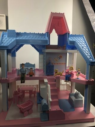 Vintage 1991 Playskool Victorian Dollhouse Pink With Light Blue Roof