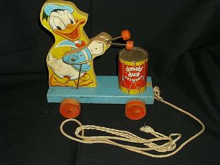 Antique Vintage Fisher Price Donald Duck Drummer Wood Pull Toy