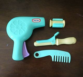 Rare Vintage Little Tikes Beauty Salon Hair Dryer Comb Curling Iron Htf Aqua Set