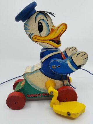 Vintage 1955 Fisher Price Donald Duck Wooden Pull Toy 765 Walt Disney Litho
