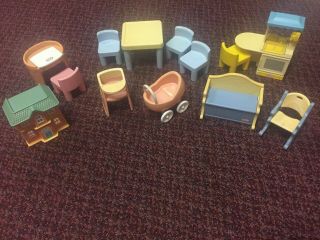 Vintage Little Tikes Dollhouse Furniture Baby Crib Table Chairs Toybox Vanity