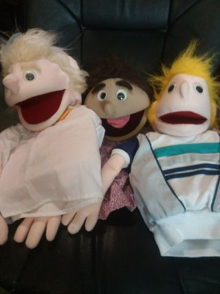 3 Vintage Puppets Older Man,  Girl With Ponytails & Boy With Yellow Hair Puppet