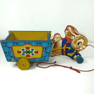 Vintage Fisher Price Pull Toy 304 Running Bunny Cart 1950 