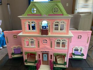 Vintage Fisher Price Loving Family Grand Mansion Dollhouse Pink With Green Roof