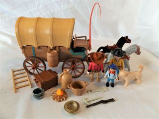 Playmobil Western Covered Wagon W/ Horses,  Gear,  Cowboy Family Dad,  Mom,  Boy Dog