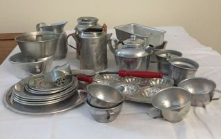 Vintage Child’s Tea Set W/ Accessories,  Cooking Pans,  Rare Water Pitcher,  Spoons