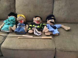 Melissa & Doug Cop,  Fireman,  Dr.  Construction Worker Hand Puppets Euc