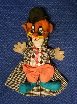 Vintage Handmade Clown Hand Puppet Professional Made Glasses Hat Checkers