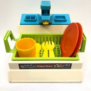 Vintage Fisher Price Pretend Play Kitchen Sink Set Dishes Forks Cup Drying Rack