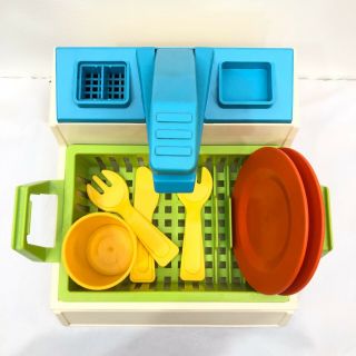 Vintage Fisher Price Pretend Play Kitchen Sink Set Dishes Forks Cup Drying Rack 2
