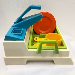 Vintage Fisher Price Pretend Play Kitchen Sink Set Dishes Forks Cup Drying Rack 3