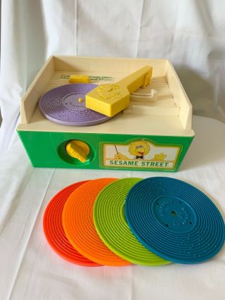 Vintage 1984 Fisher Price Sesame Street Record Player Music Box with 5 Records 2