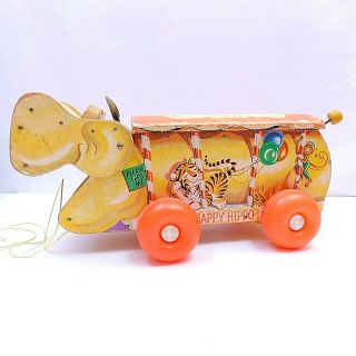 1962 Vintage Fisher Price Wooden Happy Hippo 151 Pull Toy Wheels