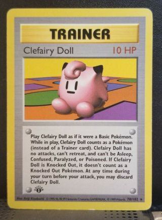 1999 Pokemon Base Set,  Shadowless,  1st Edition Trainer Clefairy Doll Card 70/102