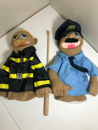 Set Of 2 Melissa & Doug Hand Puppets Policeman Cop And Firefighter Fireman W/rod