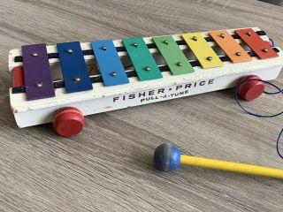 Vintage 1964 Fisher Price Pull A Tune Rolling Xylophone Music Toy Rare