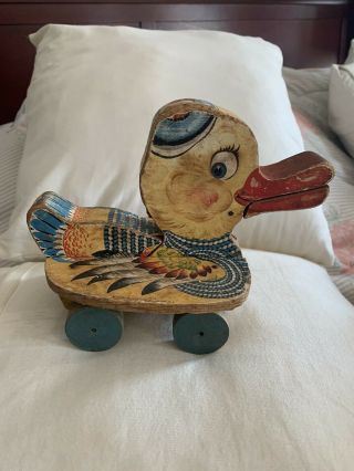 Rare Vintage Fisher - Price No.  767 " Gabby Duck " Paper Lithograph Wooden Pull Toy